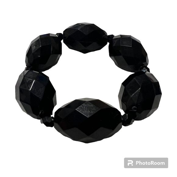 VTG 80s Black Plastic Faceted Chunky Bead Elastic Bracelet - Picture 1 of 6